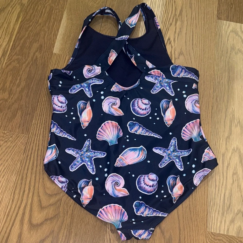 Lands' End Girls Navy Seashell Print One-Piece Swimsuit
